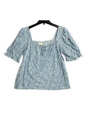 Melloday Women's M Blue & White Floral Square Neck Puff Sleeve Blouse B1067